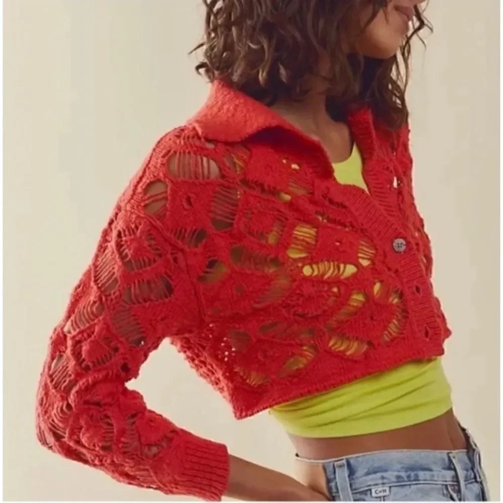 NWT Free People Sedona Open Knit Cropped Cardigan in Guava Berry, Size Small